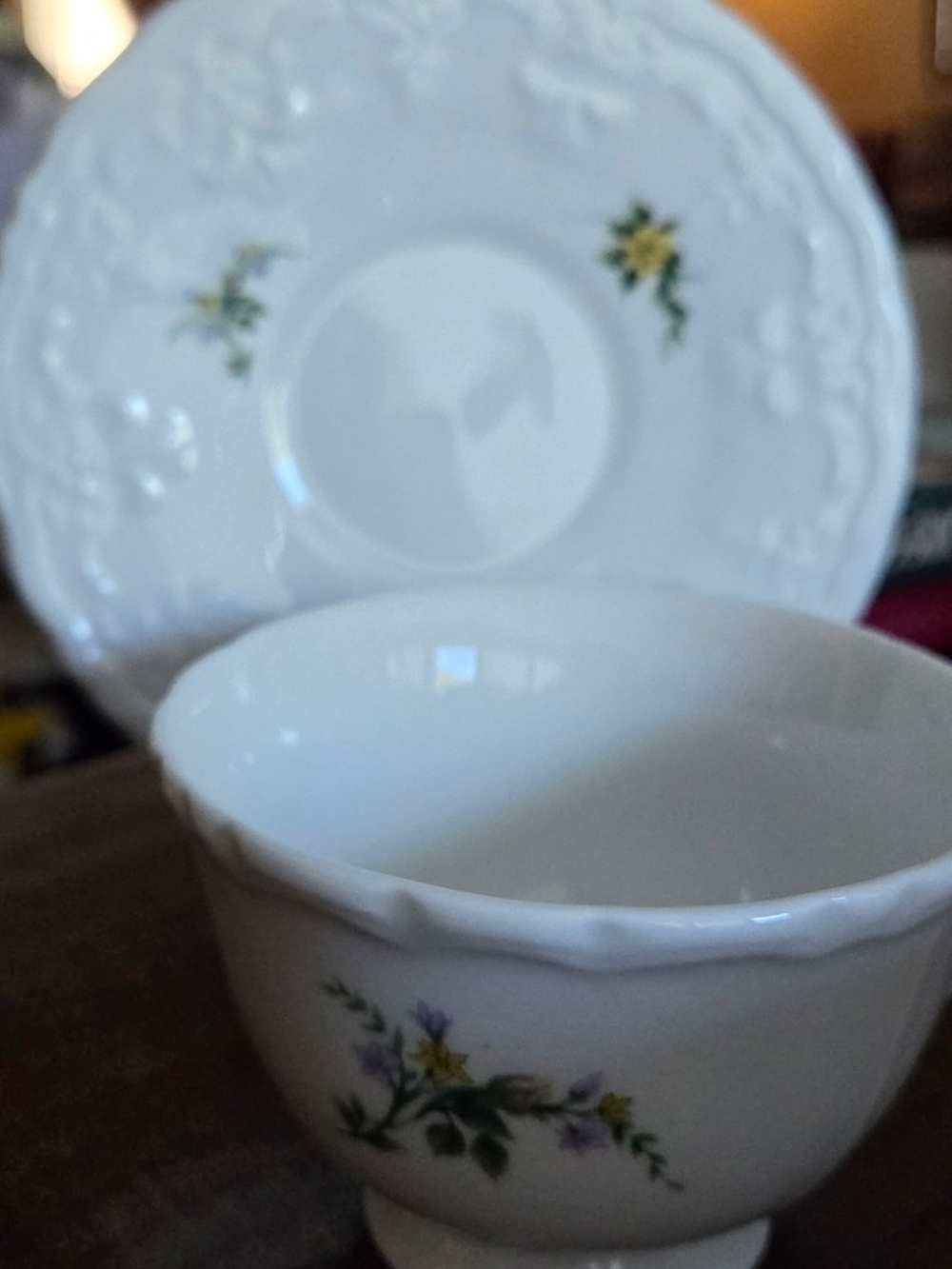 White Floral Porcelain Teacup and Saucer - White with Yellow & Purple Flowers